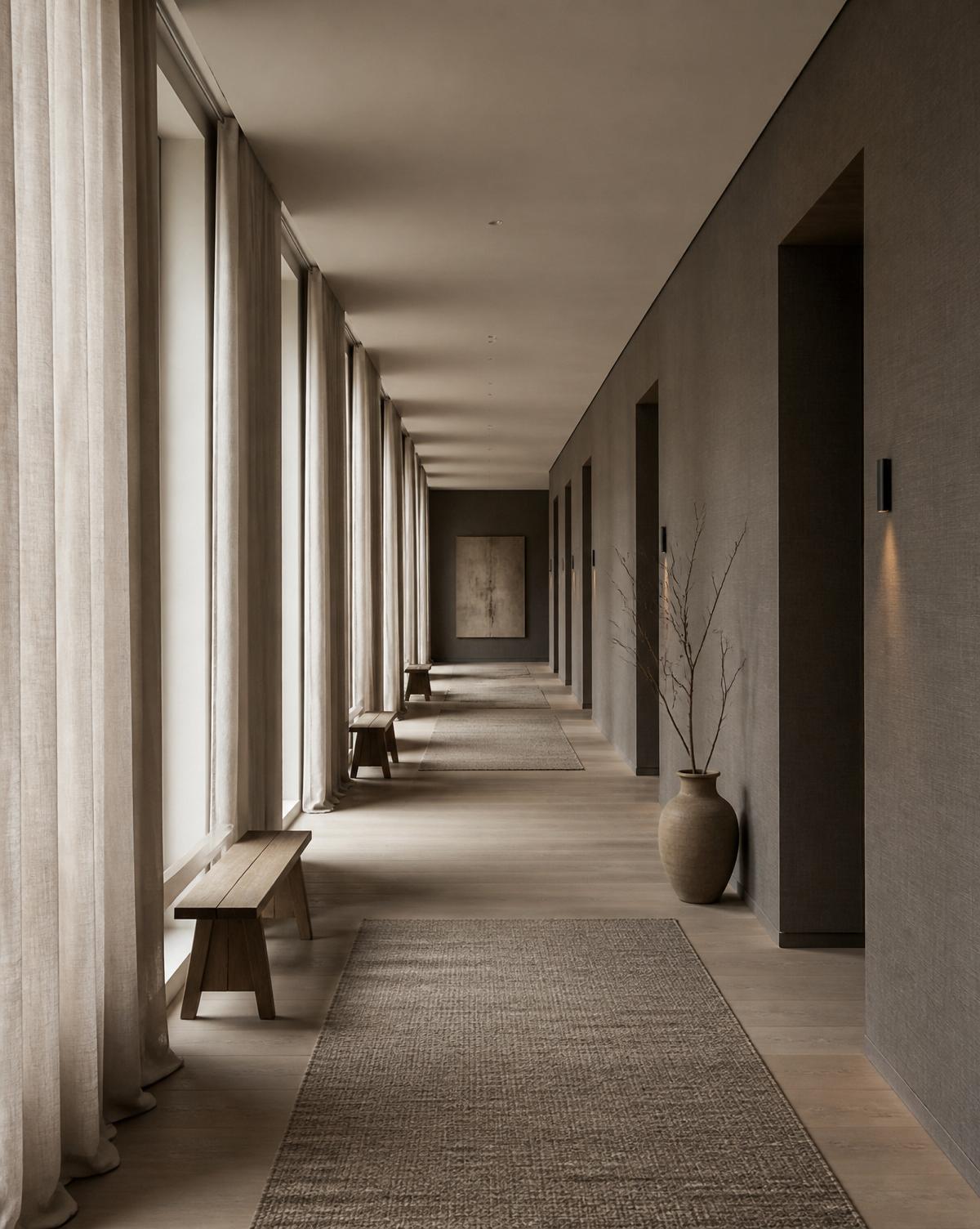 Scandinavian hotel corridor with linen curtains and soft daylight